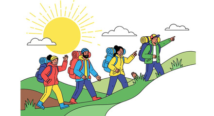 Group Of Hikers Traversing Hilly Terrain, Bright Sunlight Illuminating Their Ascent