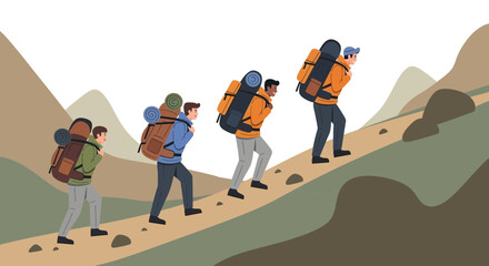 Group Of Hikers Traversing Mountain Terrain Symbolizing Adventure, Endurance, and Exploration