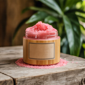Rustic bamboo jar filled with pink body scrub on wooden surface with green plant background
