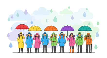 Group Of Hikers Walking Together Under Umbrellas Through a Drizzling Autumn Day