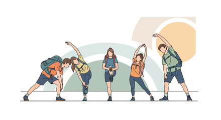 Group Of Hikers Warming Up Before A Trekking Activity Outdoors In A Modern Style