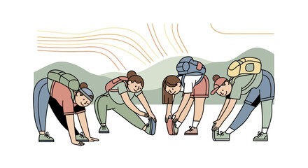 Group Of Hikers Warming Up And Getting Ready For A Hiking Adventure Outdoors Activities