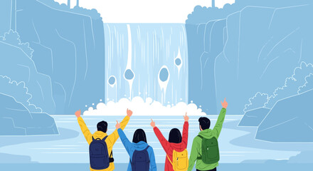 Group Of People Appreciating The Majestic Waterfall Outdoors, Enjoying The Nature