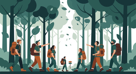Group Of People Hiking Through Forest With Leaf Fall, Nature and Adventure Focused