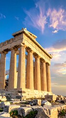 Ancient structure with columns under a vibrant, colorful sky