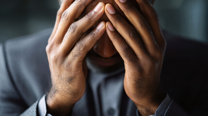 Person in suit is rubbing their temples, showing signs of exhaustion and stress