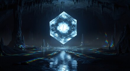 Bright glowing crystal cube floating over water in an underground cave. Ancient artifact or alien technology concept for fantasy illustration.