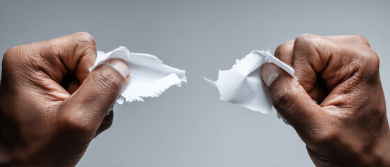 Hands tearing paper in frustration against gray background