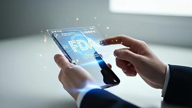 Man Interacting with Holographic F D A Interface on Modern Phone with Blue Light Effects in Bright Gray Background