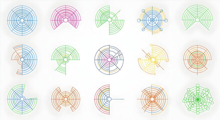 Set of abstract radial grid elements colorful geometric shapes vector design for data visualization and infographic