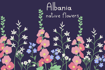 Wild flowers background. Alcea biennis, Draba verna, Arabis recta, Ornithogalum pyrenaicum, Myosotis arvensis