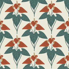 Flamingo flowers ( Anthurium andreanum) seamless vector pattern