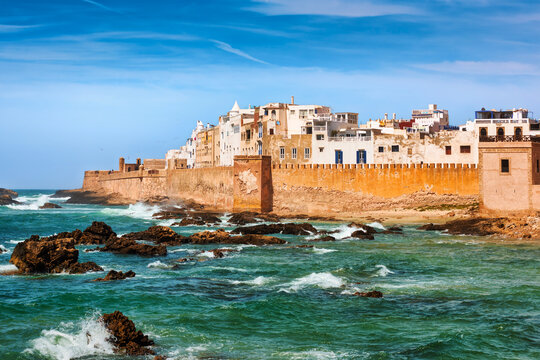 Traditional white houses in Essaouira historical town on Atlantic ocean coast of Morocco
