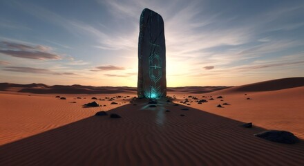 Ancient glowing monolith in a desert with sand dunes. Mysterious alien artifact or portal for science fiction and conspiracy concepts.