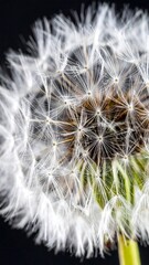 Close-up macro of dandelion seed head, dark background