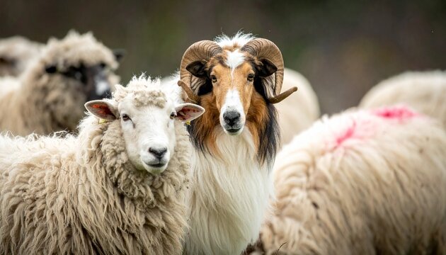 A Collie and a sheep stand side by side outdoors, framed by trees and sky&mdash;evoking pastoral harmony, companionship, and the timeless bond between herding dog and flock.