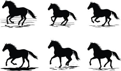 Horse silhouette set, running horse vector, wild horse design, galloping horse art, animal motion graphic, equestrian illustration, black horse figure