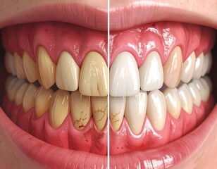Close-up comparison of teeth; shows stained before and bright white after treatment