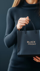 Elegant Woman in Black Outfit Holding Luxury Black Shopping Bag with Black Friday Typography, Vertical Studio Shot, Stylish Retail and Marketing Concept, Luxury Seasonal Sale and Promotion.