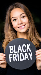 Happy Woman in Casual Black Jumper Holding Black Friday Sticker, Excited About Sale, Promotion, Discount, Black Week Shopping Event, Marketing and Retail Concept, Studio Background.