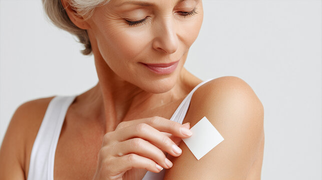 Mature Woman Applying Hormone Patch on Upper Arm, HRT and Hormone Therapy Concept, Healthy Aging, Self-Care, and Medical Wellness During Menopause.