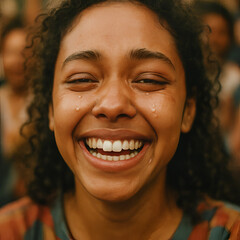 Random photo effect of a young woman from a multicultural community, her eyes filled with tears of joy, overflowing with strong positive emotions and a sense of happiness. 