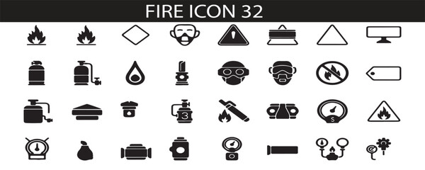 Black vector fire  icons set for web design with business, technology, communication symbols like computer, phone, and camera illustration