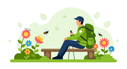 Fototapeta premium Hiker Relaxes On Park Bench Surrounded By Blooming Flowers And Buzzing Bees