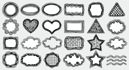 Fototapeta premium Collection of hand drawn doodle frames and borders in various shapes like circles ovals rectangles hearts stars clouds and more on a white background