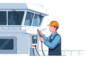 A worker inspects controls on a ship's bridge. Focused on maintenance, the image showcases a professional in action. Clear composition and modern style.