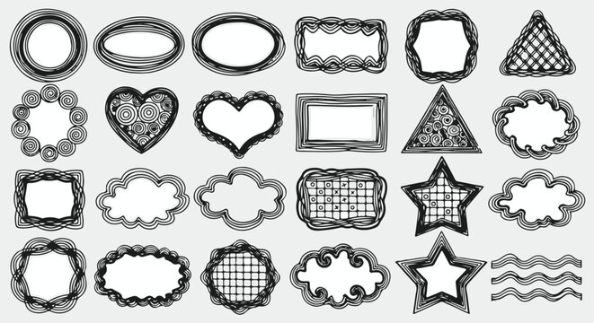 Collection of hand drawn doodle frames and borders in various shapes like circles ovals rectangles hearts stars clouds and more on a white background