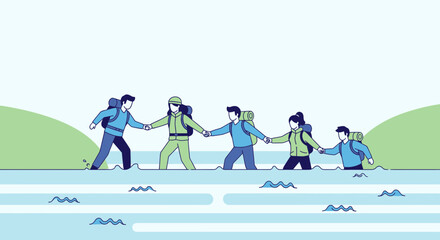 Fototapeta premium Hikers Crossing The Rapids, Supporting and Helping Each Other, Holding Hands, Teamwork