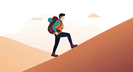 Illustration Of Person Hiking Up A Hill, Capturing Adventure And Effort, Achieving Goals