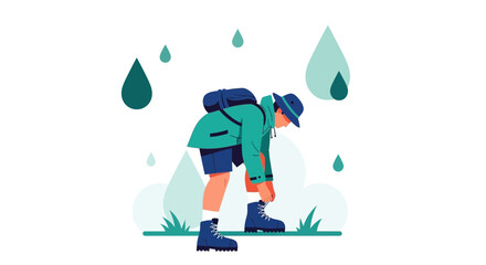 Illustration Of Person Hiking in Rain, Tying Boots for Outdoor Expedition Adventure
