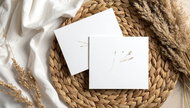 Two blank white cards rest on a round woven placemat, framed by pampas grass and crumpled linen&mdash;evoking minimalism, natural elegance, and the quiet invitation of personal expression.