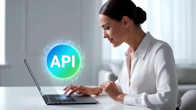 Smiling Woman in White Shirt Using Laptop on White Table with Blurred Background and Blue Green API Logo Overlay with Natural Lighting