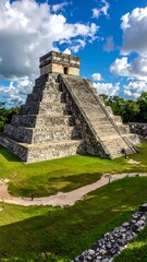 Ancient pyramid structure surrounded by greenery and a vibrant blue sky