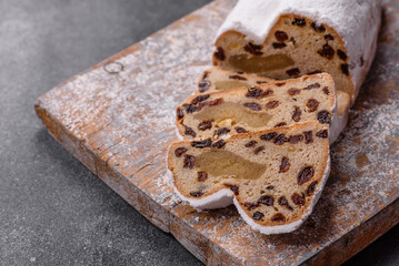 Stollen, a German Christmas pastry for the winter holidays. Stollen as a food background