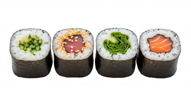 Four sushi rolls with cucumber tuna lettuce and salmon fillings isolated on a transparent background