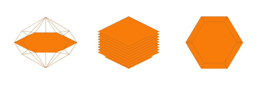 Abstract polygon icons, orange geometric shapes, wireframe diamond form, solid hexagon badge, minimal branding elements, versatile vector pack