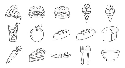 Collection of hand drawn line art icons representing various food items including pizza burgers ice cream drinks bread cake and vegetables on a white background