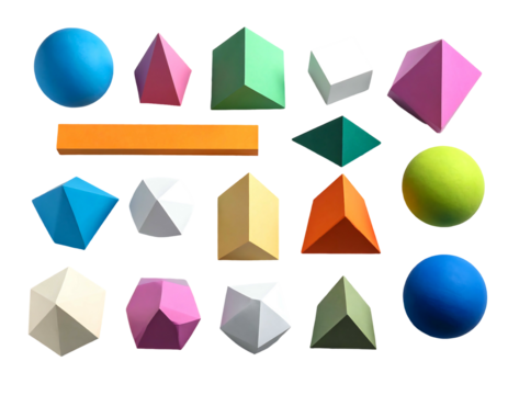 Assorted geometric solids cast stark shadows against black background. Variety of colors, sizes, and shapes create visual interest