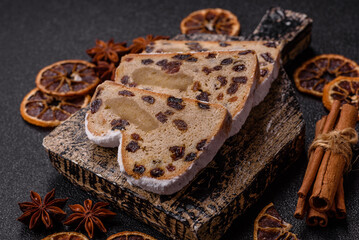 Stollen, a German Christmas pastry for the winter holidays. Stollen as a food background