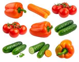 Assorted fresh vegetables, tomatoes, peppers, carrots, and cucumbers arranged on a black background, ready to eat