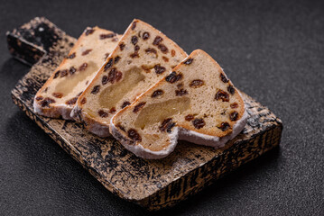 Stollen, a German Christmas pastry for the winter holidays. Stollen as a food background