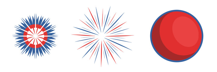 Blue red white rosette burst, delicate star lines, glossy sphere accent, dynamic patriotic fireworks set, vector art