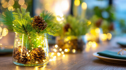Eco Christmas Table Decoration with Pinecones in Glass, Candlelight and Fairy Lights, Cozy DIY Holiday Centerpiece, Natural Festive Home Decor.