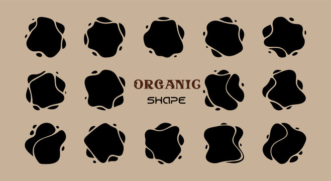 Set of organic black shapes with fluid and irregular forms on a textured background