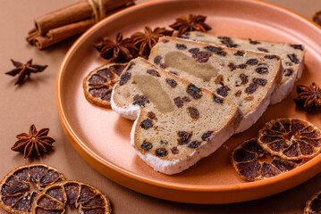 Stollen, a German Christmas pastry for the winter holidays. Stollen as a food background