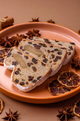 Stollen, a German Christmas pastry for the winter holidays. Stollen as a food background